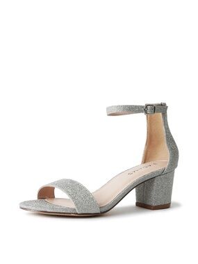 Silver Glitter Ankle-Strap Block Heel Sandals